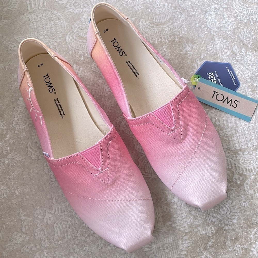 Brand New Toms Candy Pink Ombre Canvas Slip On Casual Shoes Embroidered Sunshine